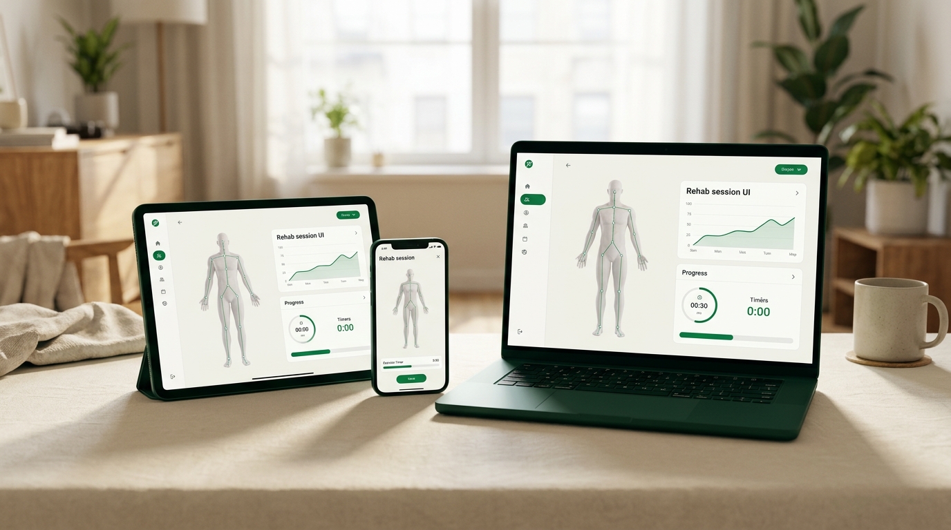 Phone, tablet, and laptop showing the same rehab session UI